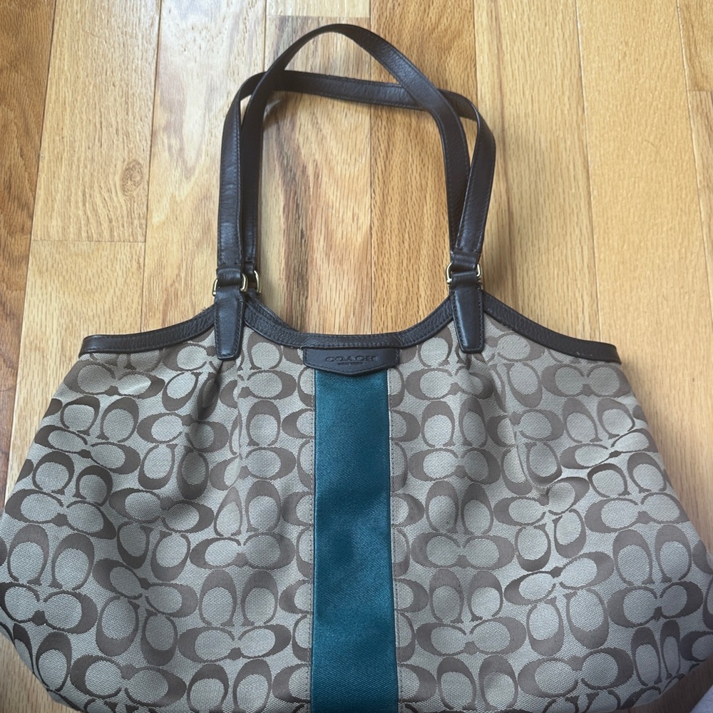 Coach Signature Brown and Emerald Green Shoulder Bag